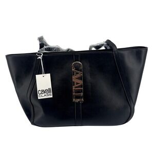 Cavalli Class Sandra Shopper Black Onyx Gold Logo Tote Bag CCS25614-BKOX NEW